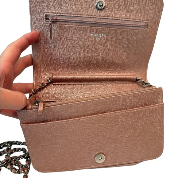 Chanel Metallic Pink Caviar Chevron Quilted Mademoiselle Wallet On Chain - Picture 9 of 15